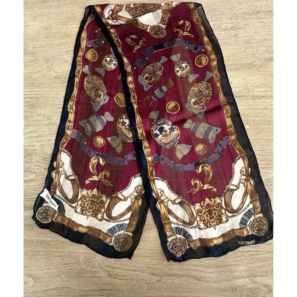 RARE VTG 80s Bill Blass Silk Scarf Opaque Oblong 11" X 52" Candies Burgundy Navy